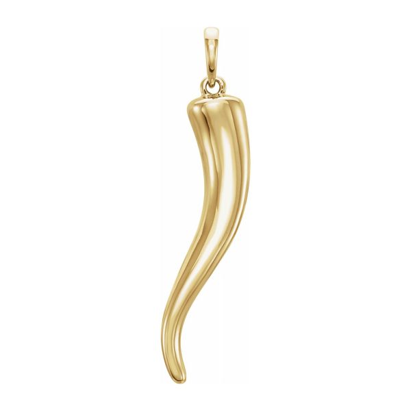 14K Yellow Gold Solid 3D Italian Horn Pendant, 6 x 32mm