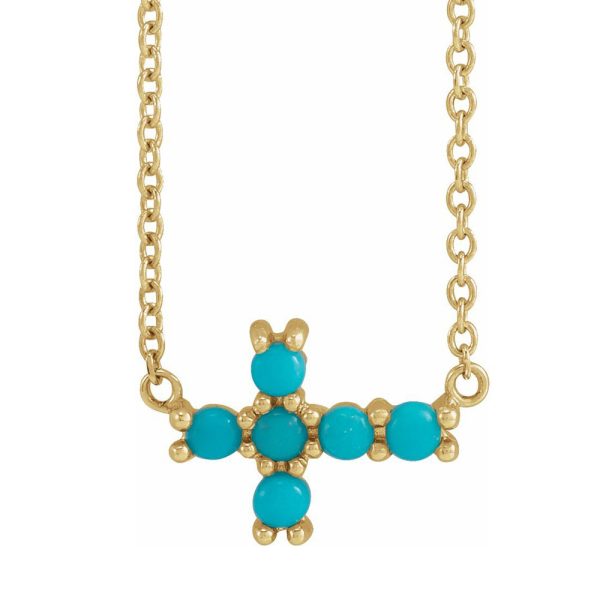 14K Yellow Gold Turquoise Petite Sideways Cross Necklace, 18 Inch