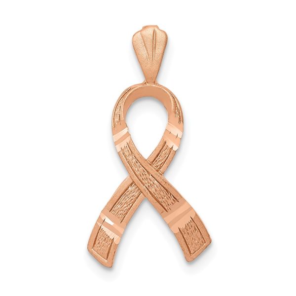 14k Rose Gold Satin & Diamond Cut Awareness Ribbon Pendant, 12mm