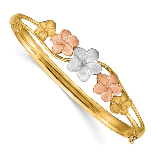 14k Tri-Color Gold Polished and Satin Plumeria Hinged Bangle Bracelet