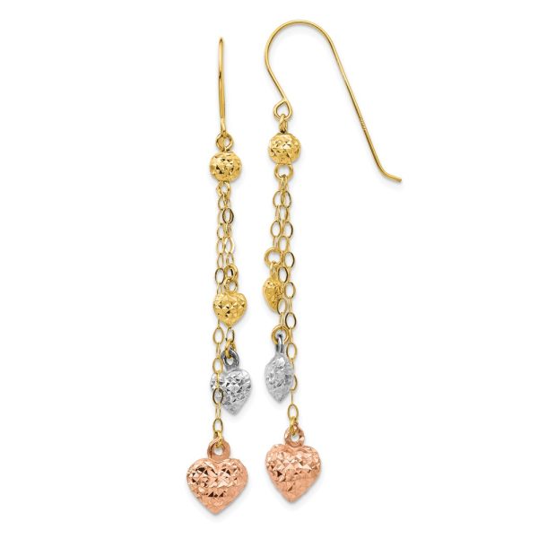 14k Tri Color Gold, Triple Puffed Heart and Chain Dangle Earrings