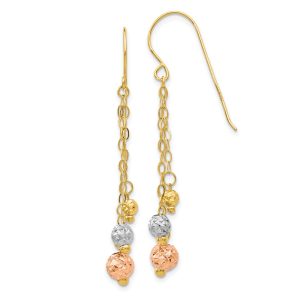 14k Tri-color Gold 3-Strand Bead and Chain Dangle Earrings