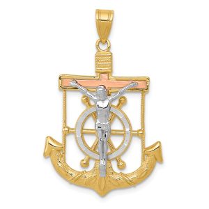 14k TriColor Gold Diamond-cut Mariners Crucifix Cross Pendant, 22x35mm