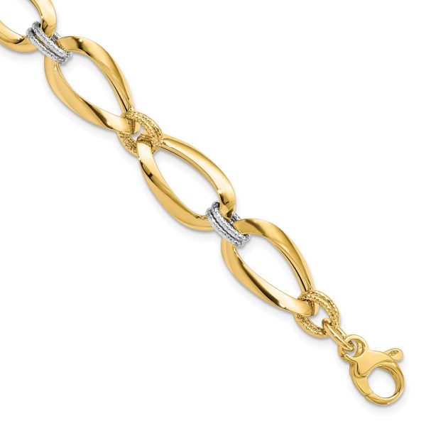 14k Two Tone Gold 13mm Polished & D/C Hollow Link Chain Bracelet, 8 In