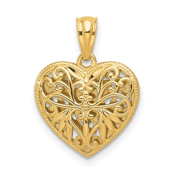 14k Two Tone Gold 14mm Reversible Filigree Heart Pendant