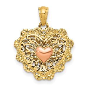 14k Two Tone Gold 16mm Reversible Filigree Heart Pendant