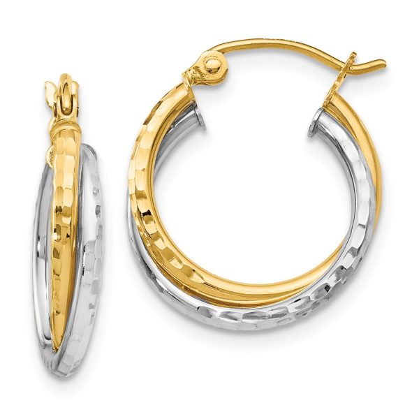 14k Two Tone Gold Crossover D/C Double Round Hoop Earrings, 3 x 17mm