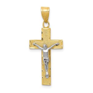 14k Two Tone Gold Diamond-cut Crucifix Cross Pendant, 7 x 30mm