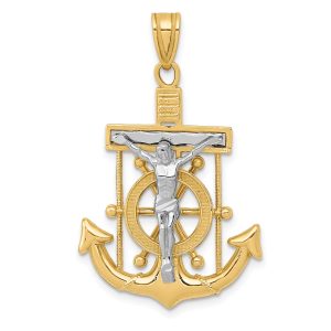 14k Two Tone Gold Diamond-cut Mariners Crucifix Cross Pendant, 22x35mm