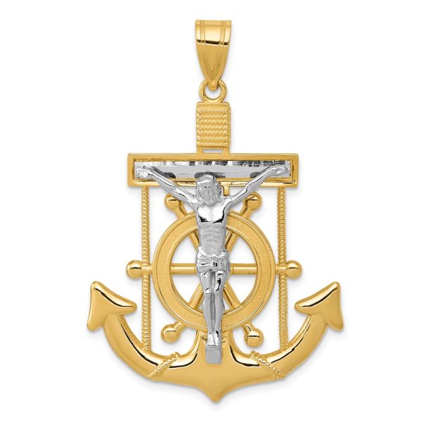 14k Two Tone Gold Diamond-cut Mariners Crucifix Cross Pendant, 32x49mm