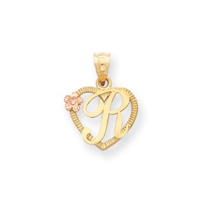 14k Two Tone Gold Grace Collection 15mm Heart Initial R Pendant