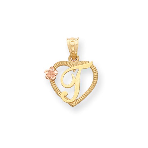 14k Two Tone Gold Grace Collection 15mm Heart Initial T Pendant