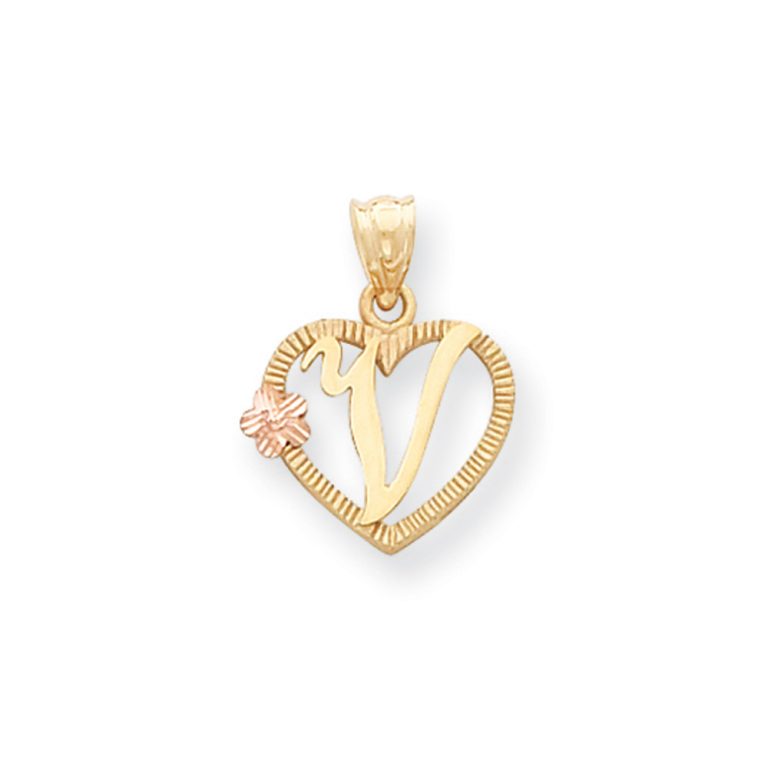 14k Two Tone Gold Grace Collection 15mm Heart Initial V Pendant