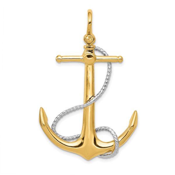 14k Two Tone Gold Large 3D Anchor with Entwined Rope Pendant