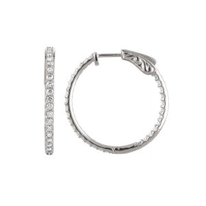 14k White Gold 27mm Inside Outside Diamond Hinged Round Hoop Earrings