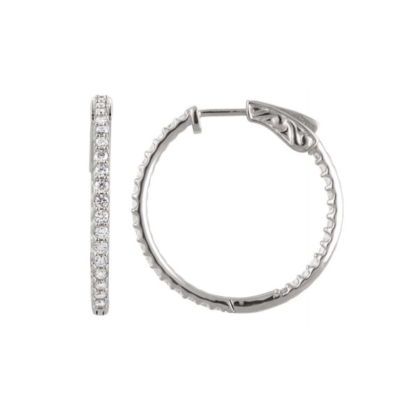 14k White Gold 27mm Inside Outside Diamond Hinged Round Hoop Earrings