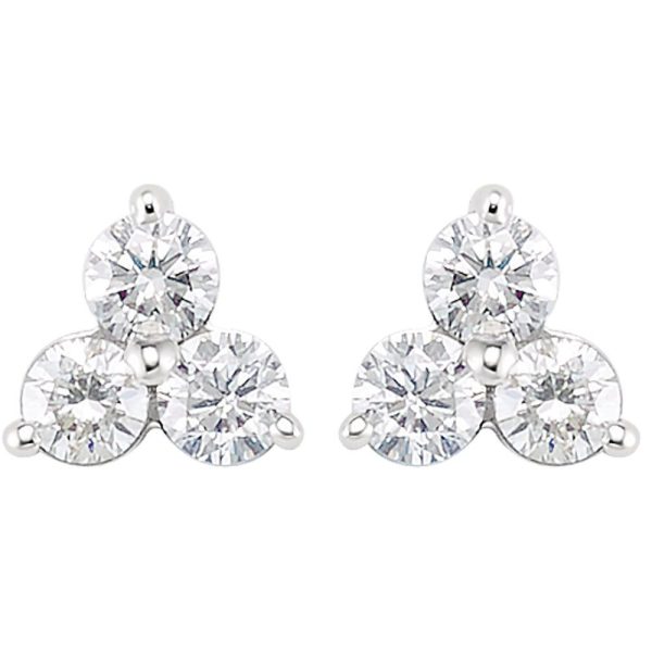 14k White Gold 5/8 Ctw Diamond Three-Stone Post Earrings, 7 x 6.5mm