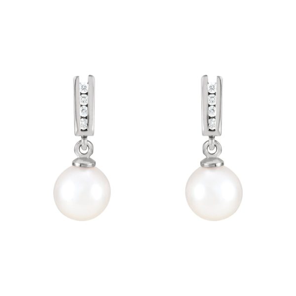 14k White Gold Akoya Cultured Pearl & Diamond Dangle Post Earrings