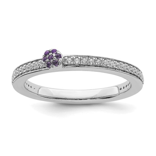 14k White Gold, Amethyst & 1/8 Ctw Diamond Stackable Ring, Size 5