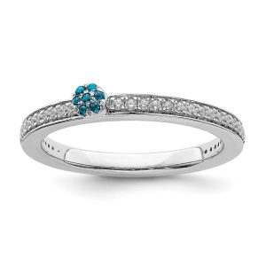 14k White Gold, Blue Topaz & 1/8 Ctw Diamond Stackable Ring, Size 5