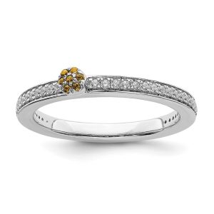 14k White Gold, Citrine & 1/8 Ctw Diamond Stackable Ring, Size 5