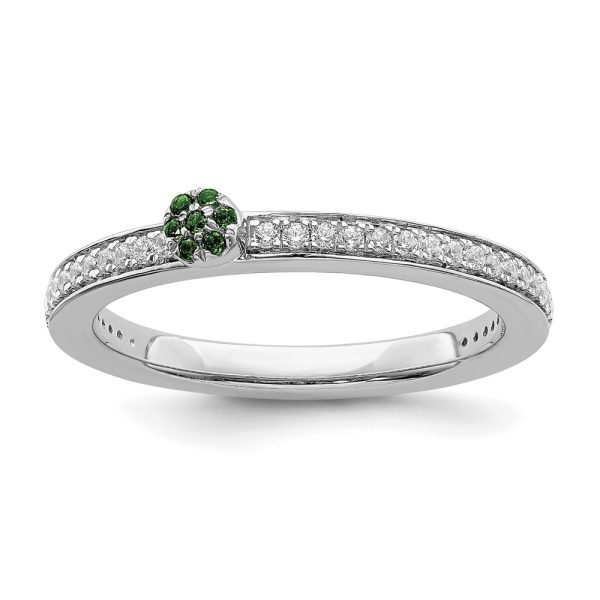 14k White Gold, Created Emerald & 1/8 Ctw Diamond Stackable Ring, Sz 5