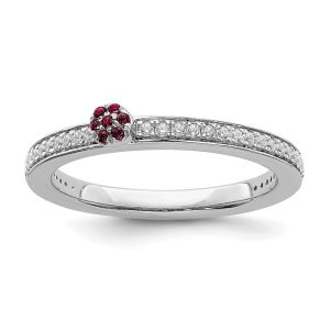 14k White Gold, Created Ruby & 1/8 Ctw Diamond Stackable Ring, Size 5