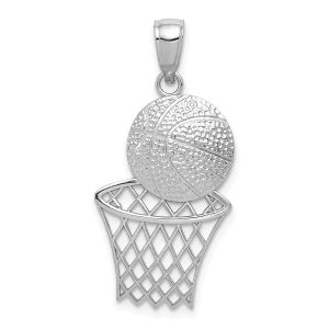 14k White Gold Diamond Cut Basketball and Net Pendant