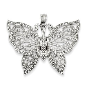 14k White Gold Filigree Butterfly Pendant, 42mm