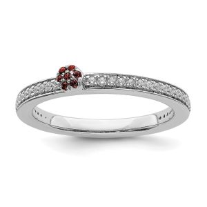 14k White Gold, Garnet & 1/8 Ctw Diamond Stackable Ring, Size 5