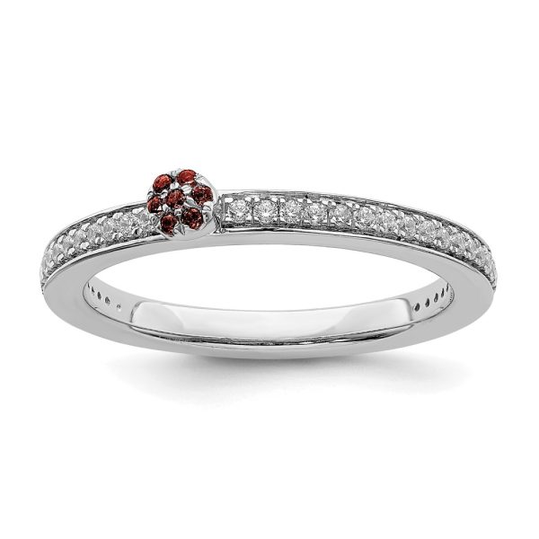 14k White Gold, Garnet & 1/8 Ctw Diamond Stackable Ring, Size 5