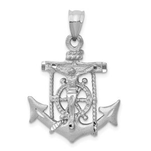 14k White Gold Mariners Crucifix Cross Pendant, 20 x 31mm