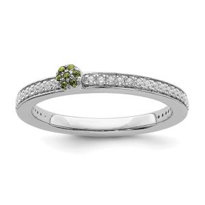 14k White Gold, Peridot & 1/8 Ctw Diamond Stackable Ring, Size 5