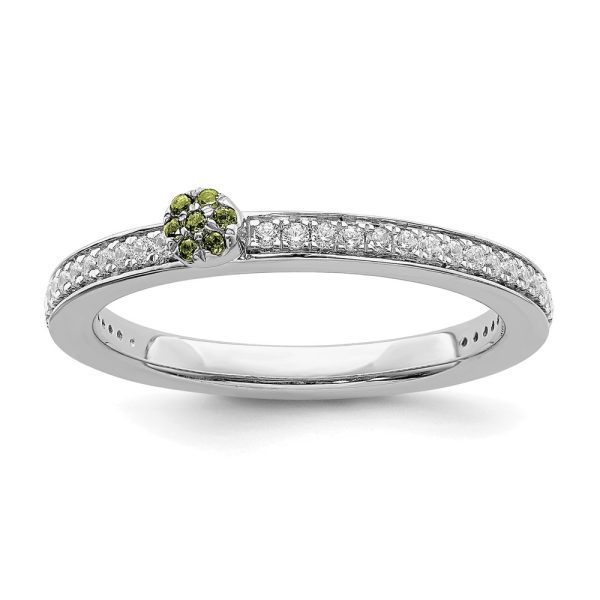 14k White Gold, Peridot & 1/8 Ctw Diamond Stackable Ring, Size 5