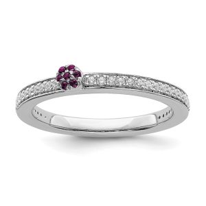 14k White Gold, Rhodolite Garnet & 1/8 Ctw Diamond Stackable Ring, Sz5