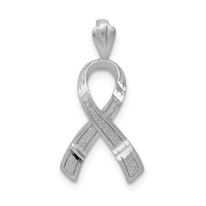 14k White Gold Satin & Diamond Cut Awareness Ribbon Pendant, 12mm