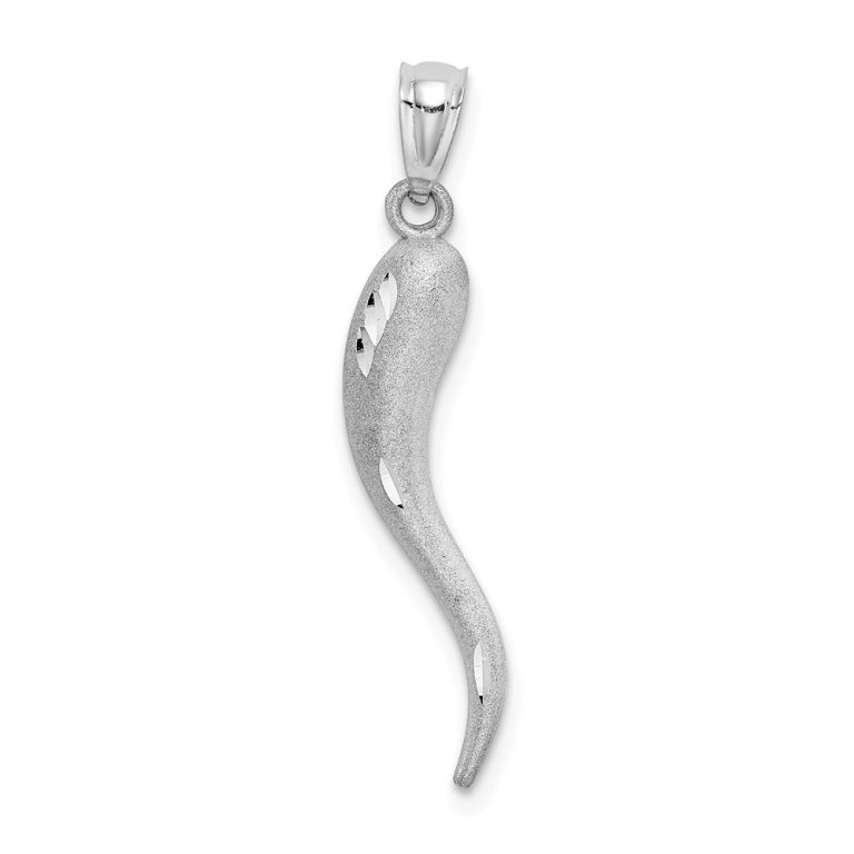 14k White Gold Satin & Diamond Cut Italian Horn Pendant, 5 x 30mm