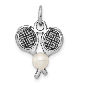 14k White Gold & FW Cultured Pearl Double Tennis Racquet Charm