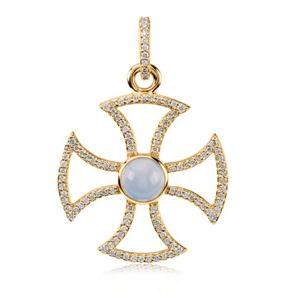 14k Yellow Gold .75 Ctw Diamond & Chalcedony Maltese Cross Pendant