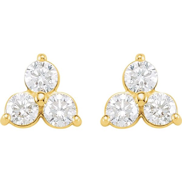 14k Yellow Gold 1 Ctw Diamond Three-Stone Post Earrings, 10 x 9mm