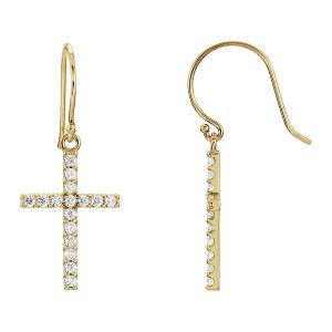 14k Yellow Gold 1/2 CTW (G-H, I1) Diamond Dangle Cross Earrings