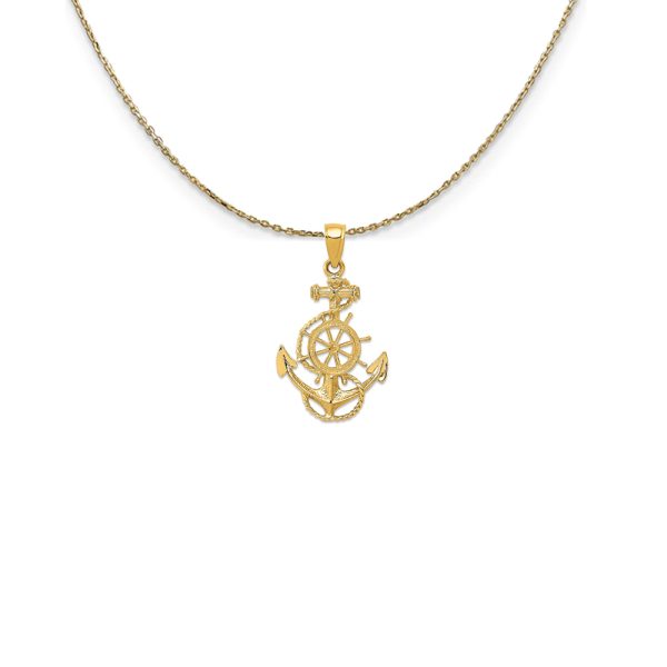 14k Yellow Gold 2D Anchor, Ship's Wheel and Rope Necklace - 18 Inch