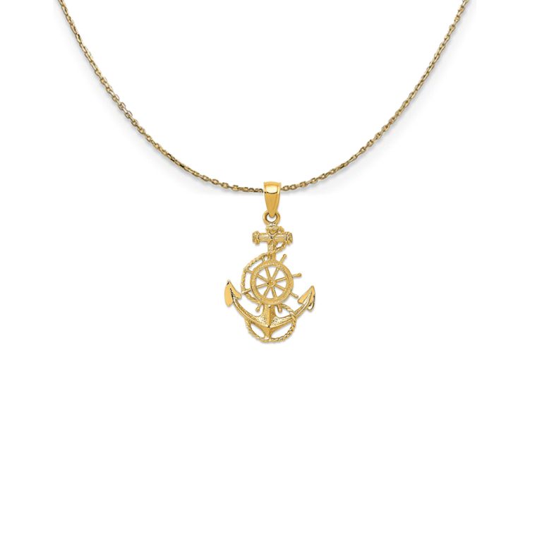 14k Yellow Gold 2D Anchor, Ship's Wheel and Rope Necklace - 18 Inch