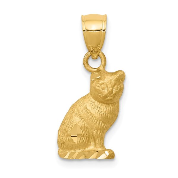 14k Yellow Gold 2D Textured and Satin Cat Pendant