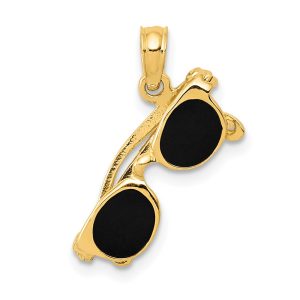 14k Yellow Gold 3D Black Enameled Moveable Sunglasses Pendant