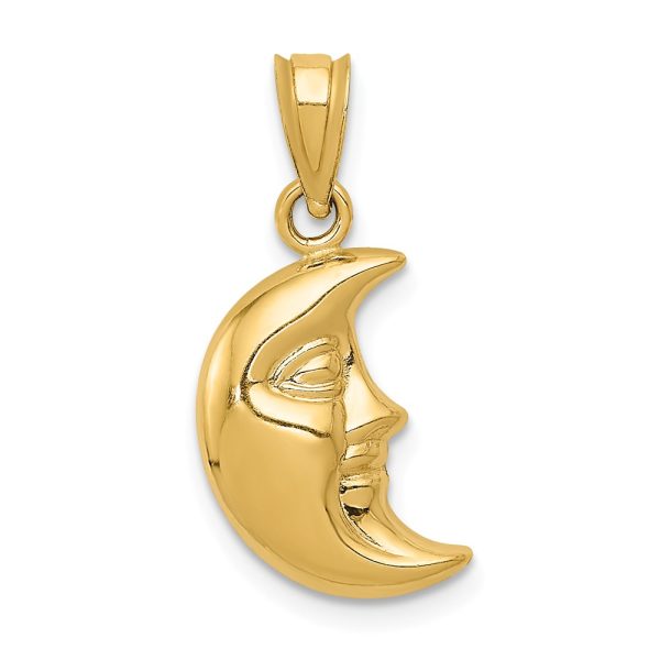 14k Yellow Gold 3D Crescent Moon Face Pendant, 13mm