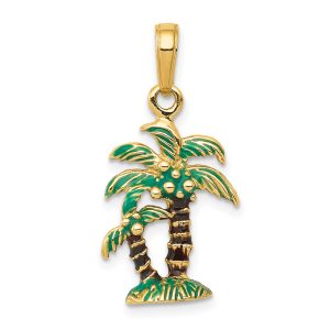 14k Yellow Gold 3D Enameled Palm Trees Pendant