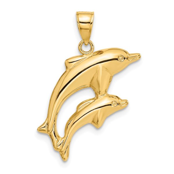 14k Yellow Gold 3D Mother and Baby Dolphin Pendant