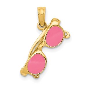 14k Yellow Gold 3D Pink Enameled Moveable Sunglasses Pendant