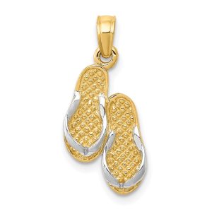 14k Yellow Gold 3D Two Tone Textured Flip Flops Pendant